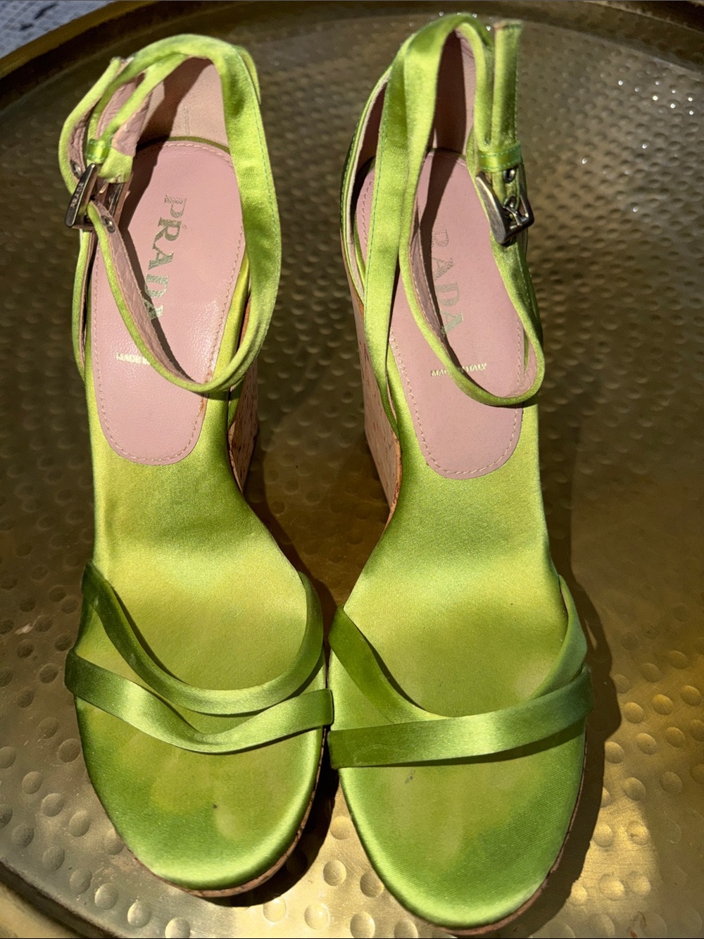 Prada Bright Lime Green Satin Platform Sandals
